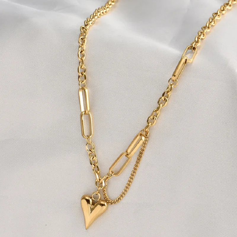 Stainless Steel Gold Color Love Heart Necklaces