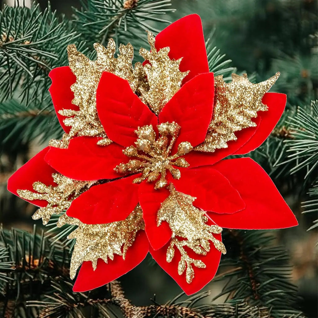 Christmas Flowers Red Gold Sparking Glitter