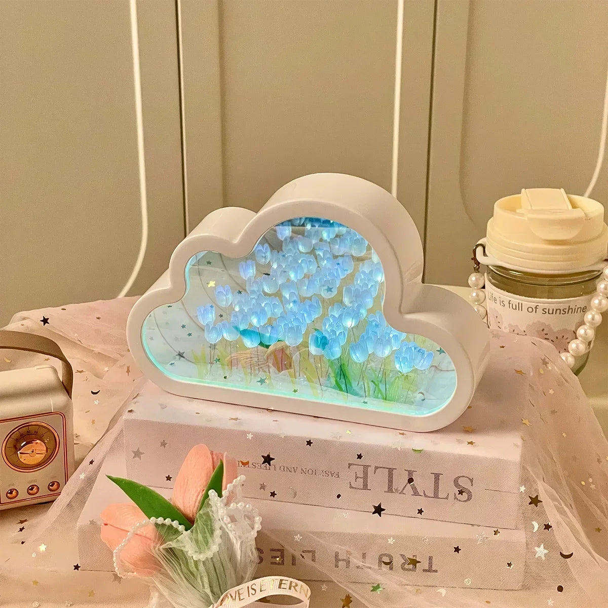 Led Cloud Mirror with flowers inside