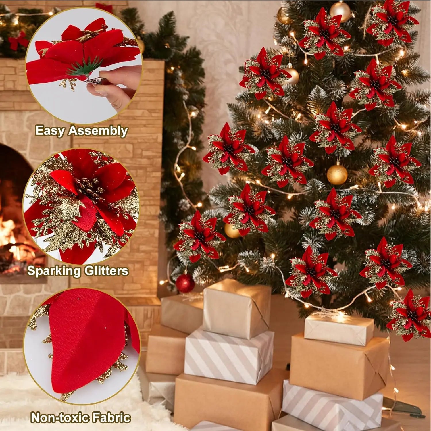 Christmas Flowers Red Gold Sparking Glitter