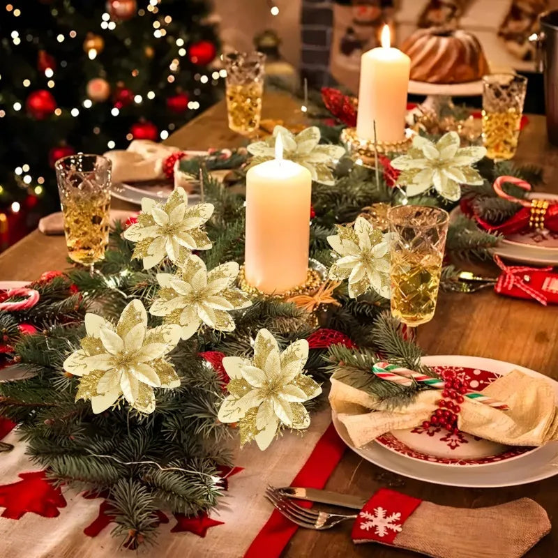 Christmas Flowers Red Gold Sparking Glitter