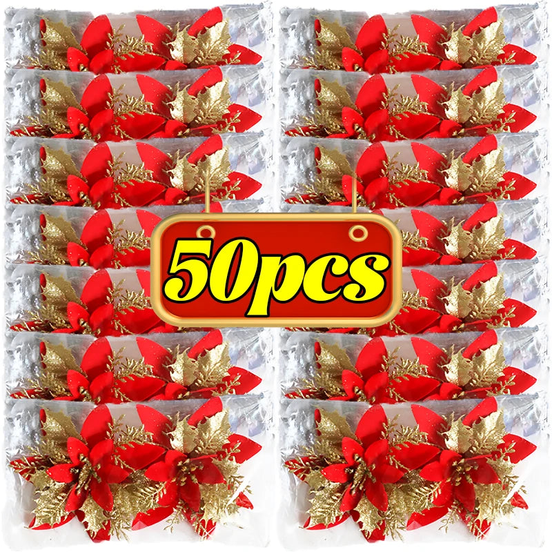 Christmas Flowers Red Gold Sparking Glitter