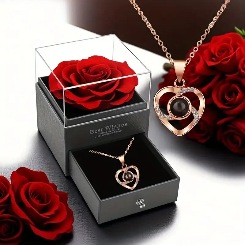 Heart Projection Necklace with Rose Gift Box