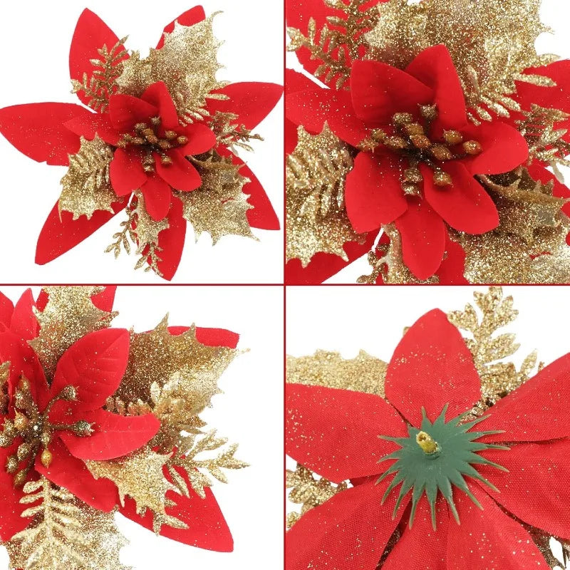 Christmas Flowers Red Gold Sparking Glitter