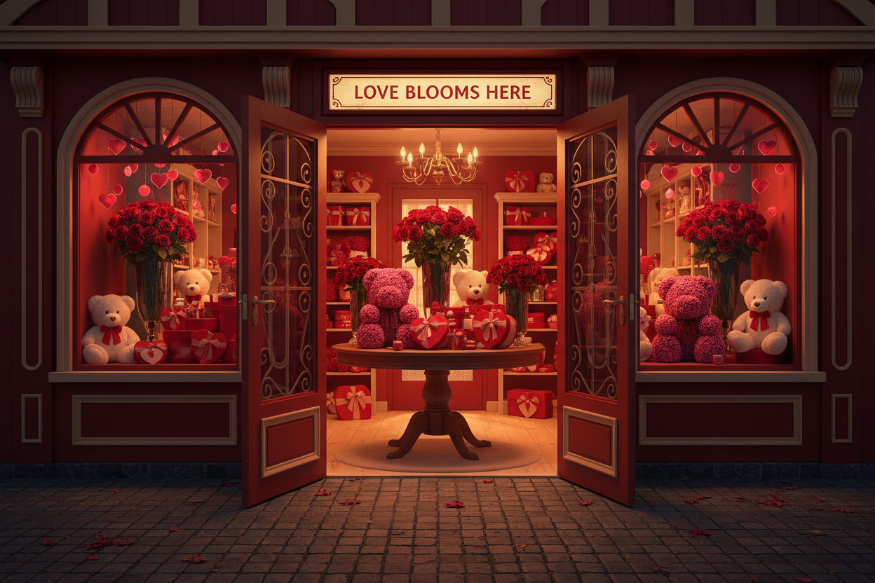 A cozy, romantic red gift shop at sunset, viewed from outside. The shop has a warm glow inside, with roses, teddy bears, and heart decorations visible through the window.
The camera smoothly moves toward the entrance. As it gets closer, the door opens automatically, revealing a beautiful interior with a central table full of romantic gifts — rose bears, red roses, heart boxes, and plush toys.
The camera stops right in front of the table and holds for a moment, perfectly framed to later add the text “Visit m